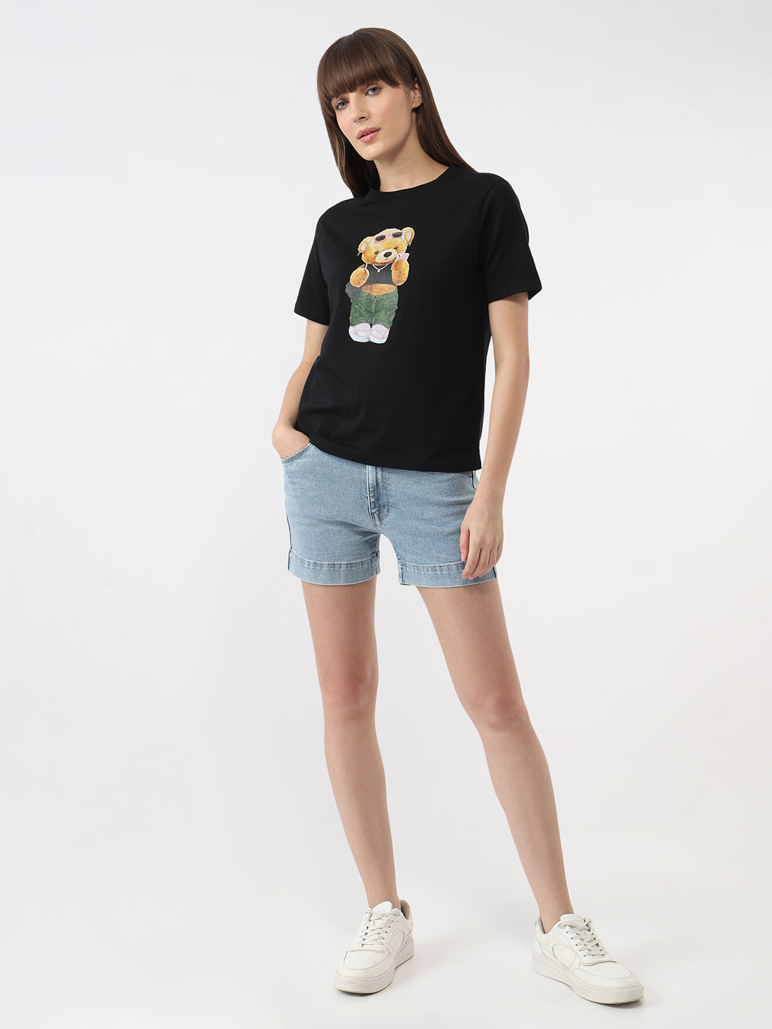 Women Black Graphic Slim T-Shirt