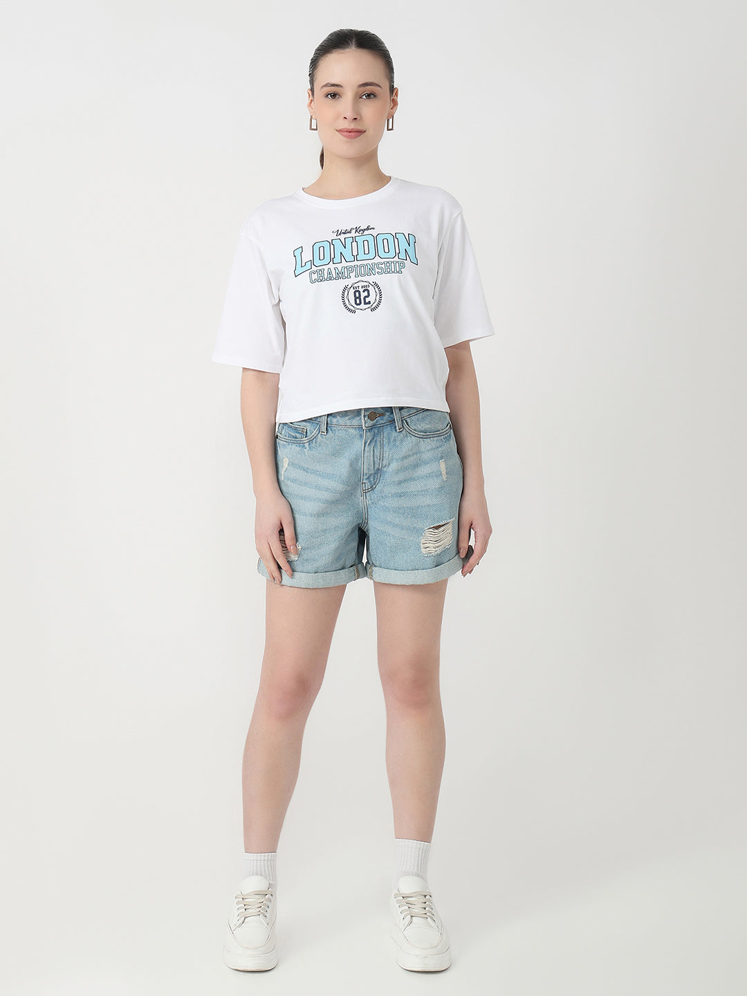 Women White Slim Fit Graphic Crop T-Shirt