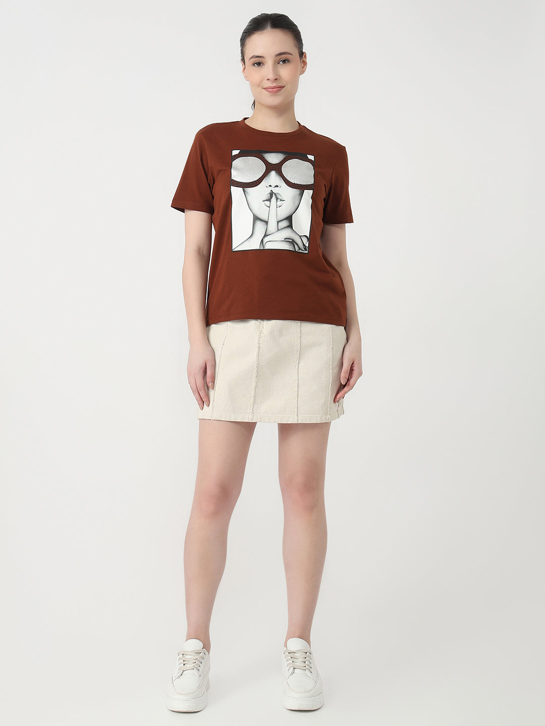 Women Sepia Slim Fit Graphic T-Shirt