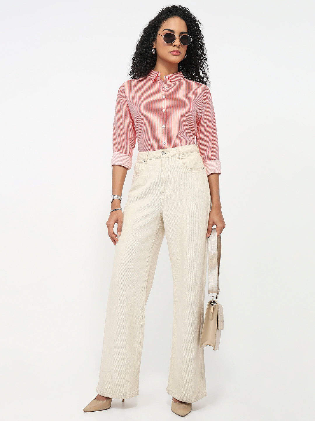 Women Flame/White Striped Oversized Shirt