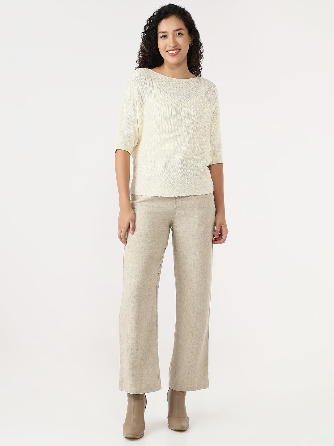 Women Ecru Slim Batsleeve Top