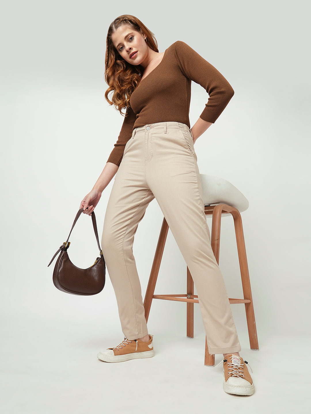 Women Oatmilk Mid-Rise Slim Fit Trousers