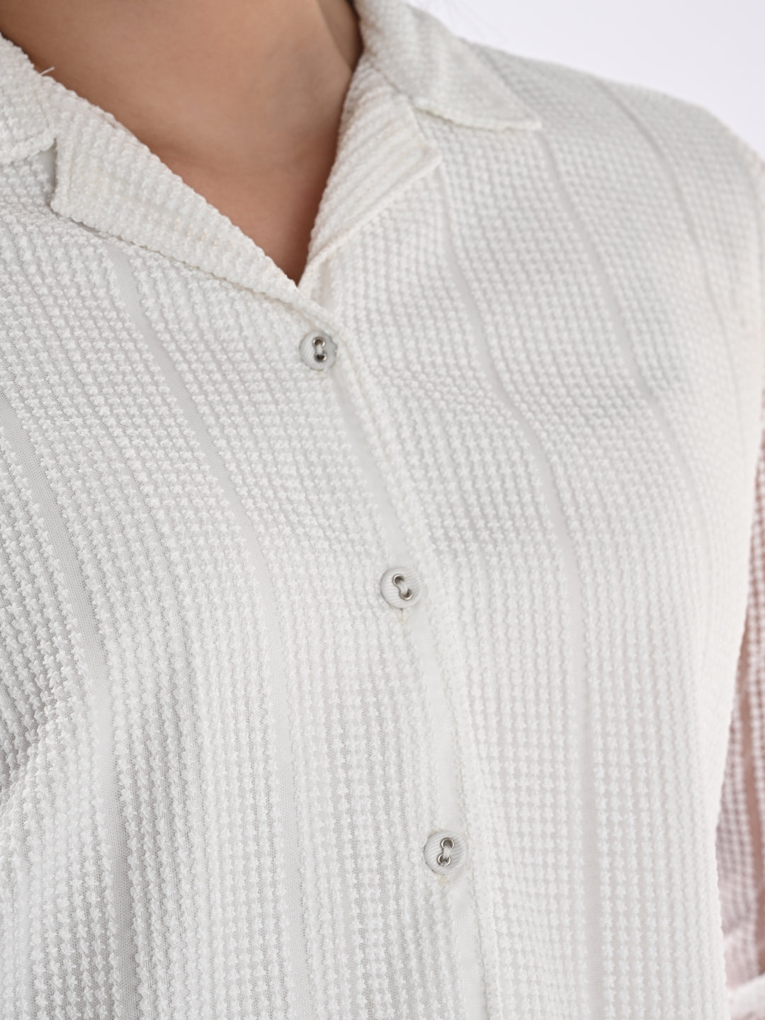 Women Self Design Three-Quarter Sleeves Off White Shirt