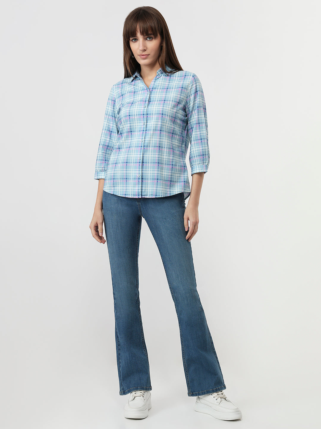 Women Powder Blue Checks Slim Fit Shirt
