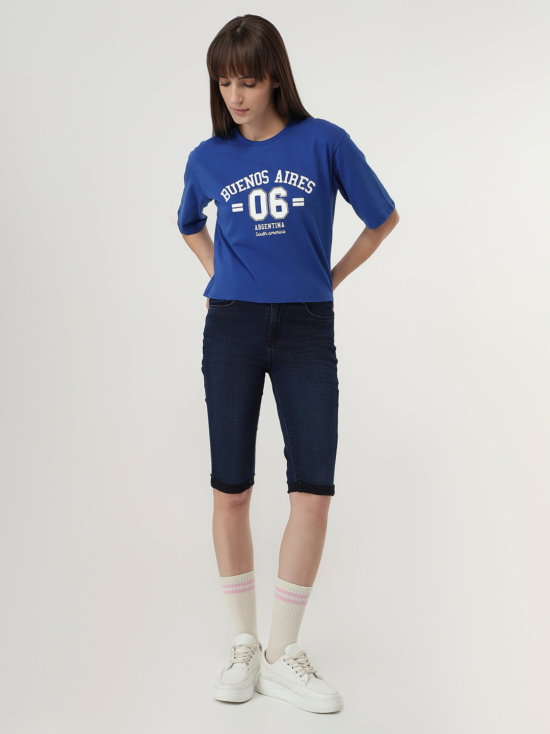 Women Electric Blue Slim Fit Graphic Crop T-Shirt