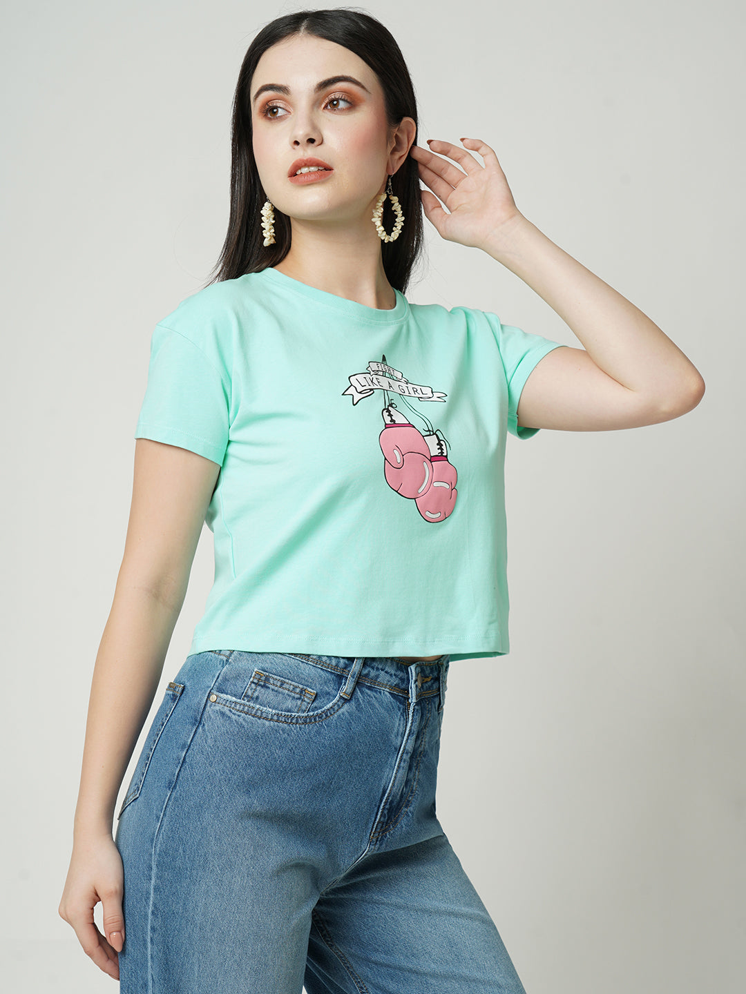 Women Slim Fit Typography & Boxing Print Crop Graphic Tees