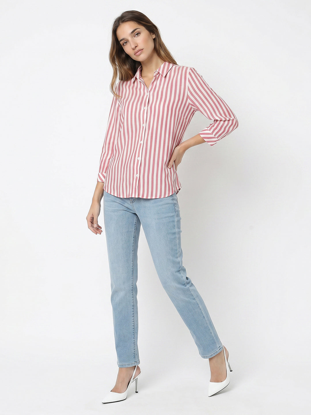 Women Dusty Pink/White Stripe Shirt