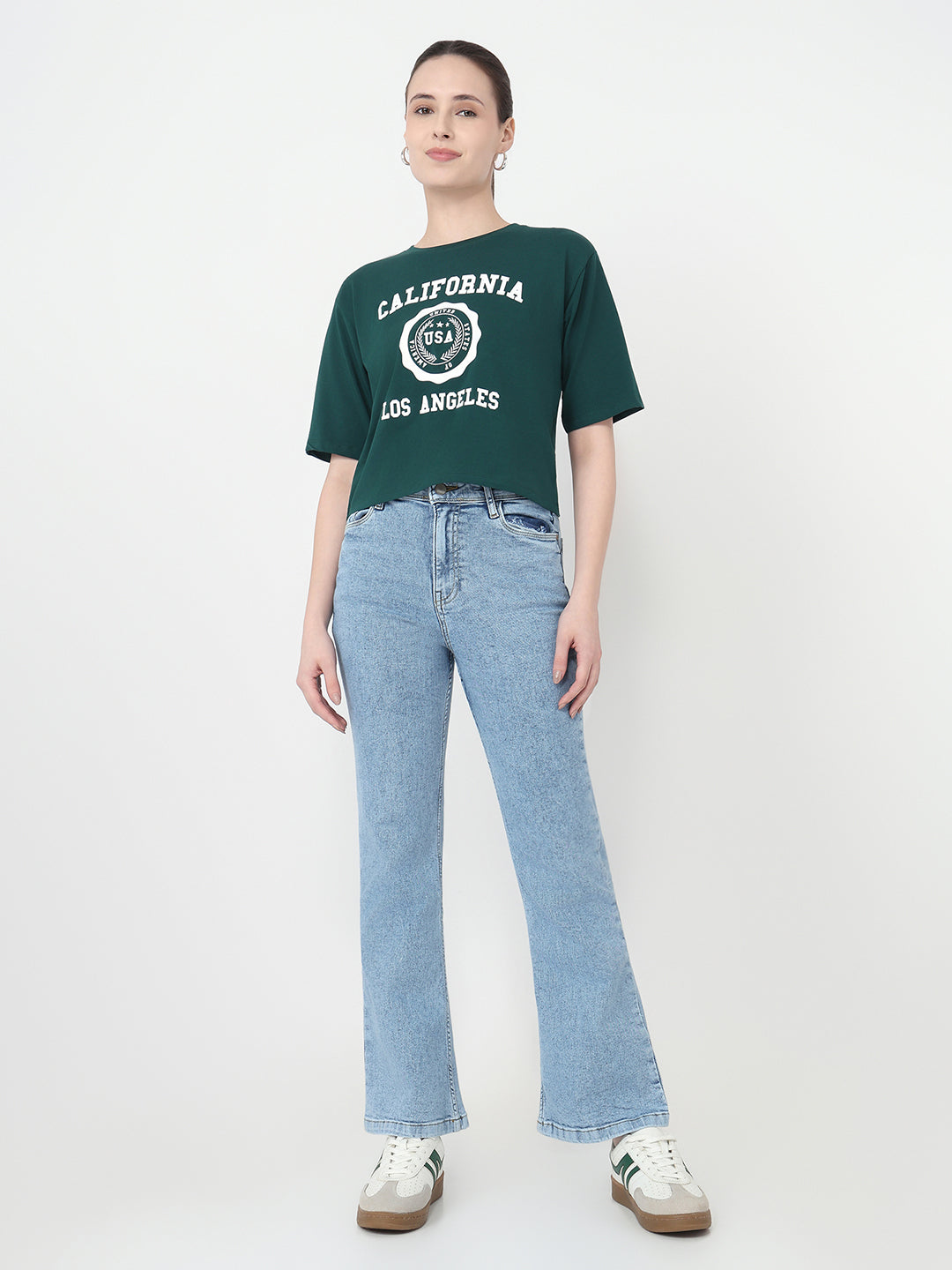 Women Bottle Green Slim Fit Graphic Crop T-Shirt