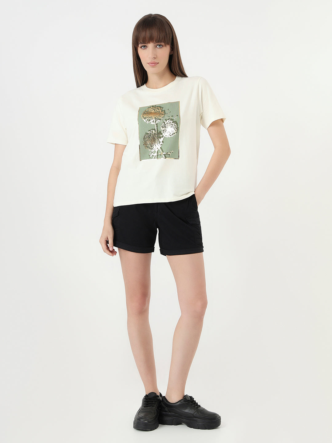 Women Ivory Slim Fit Graphic T-Shirt