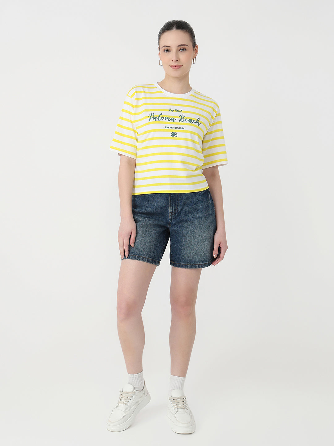 Women Yellow/White Slim Fit Graphic Crop T-Shirt