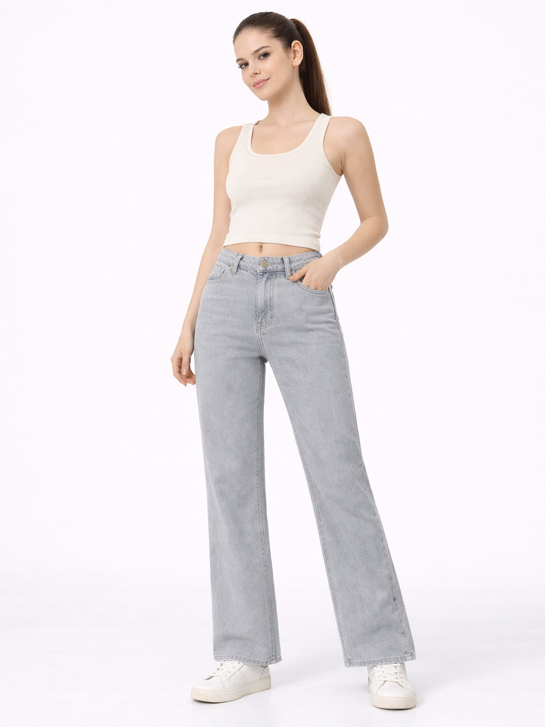 Women Light Grey High-Rise Wide Leg Jeans