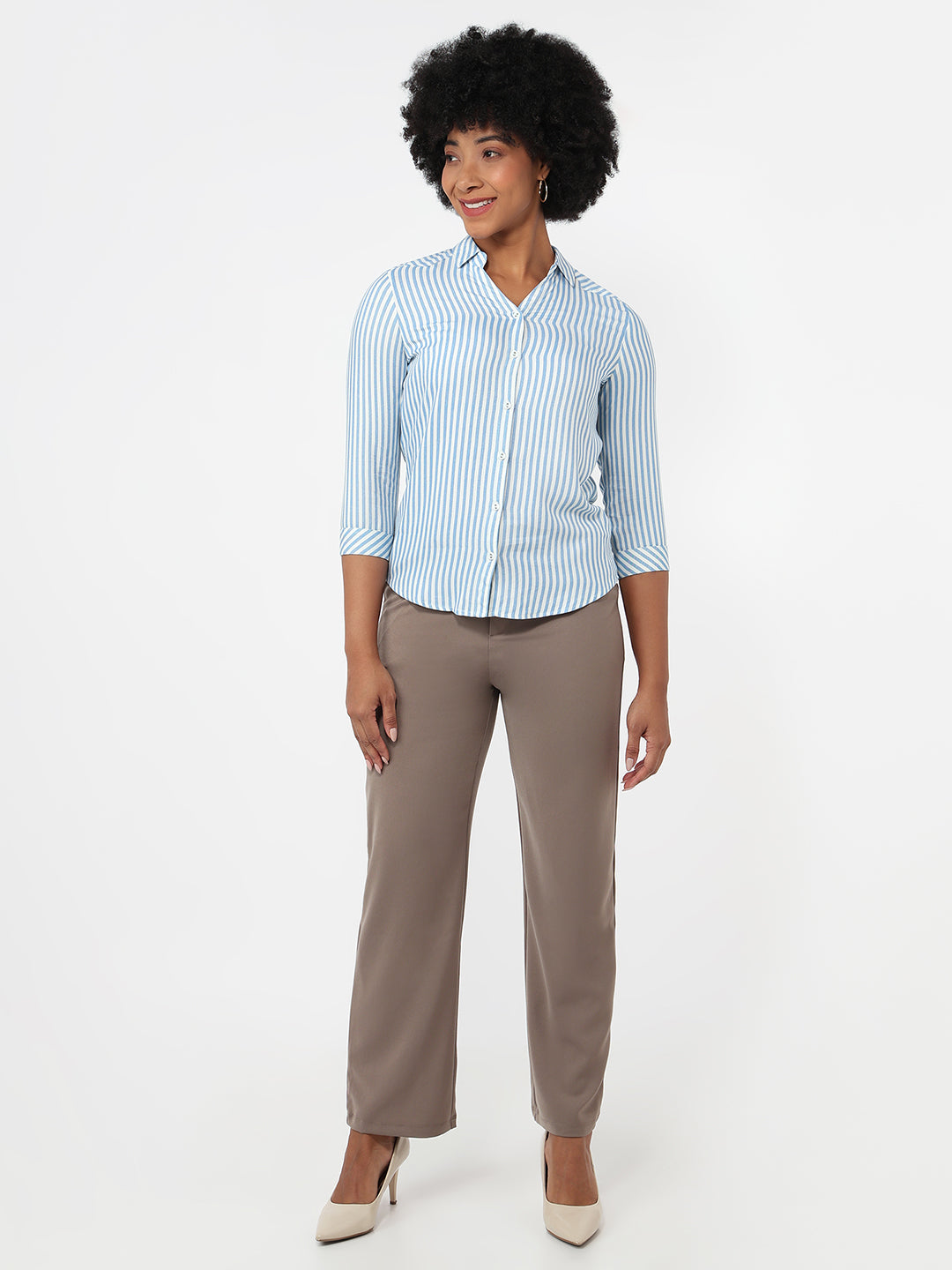 Women Sky/White Slim Fit Shirt