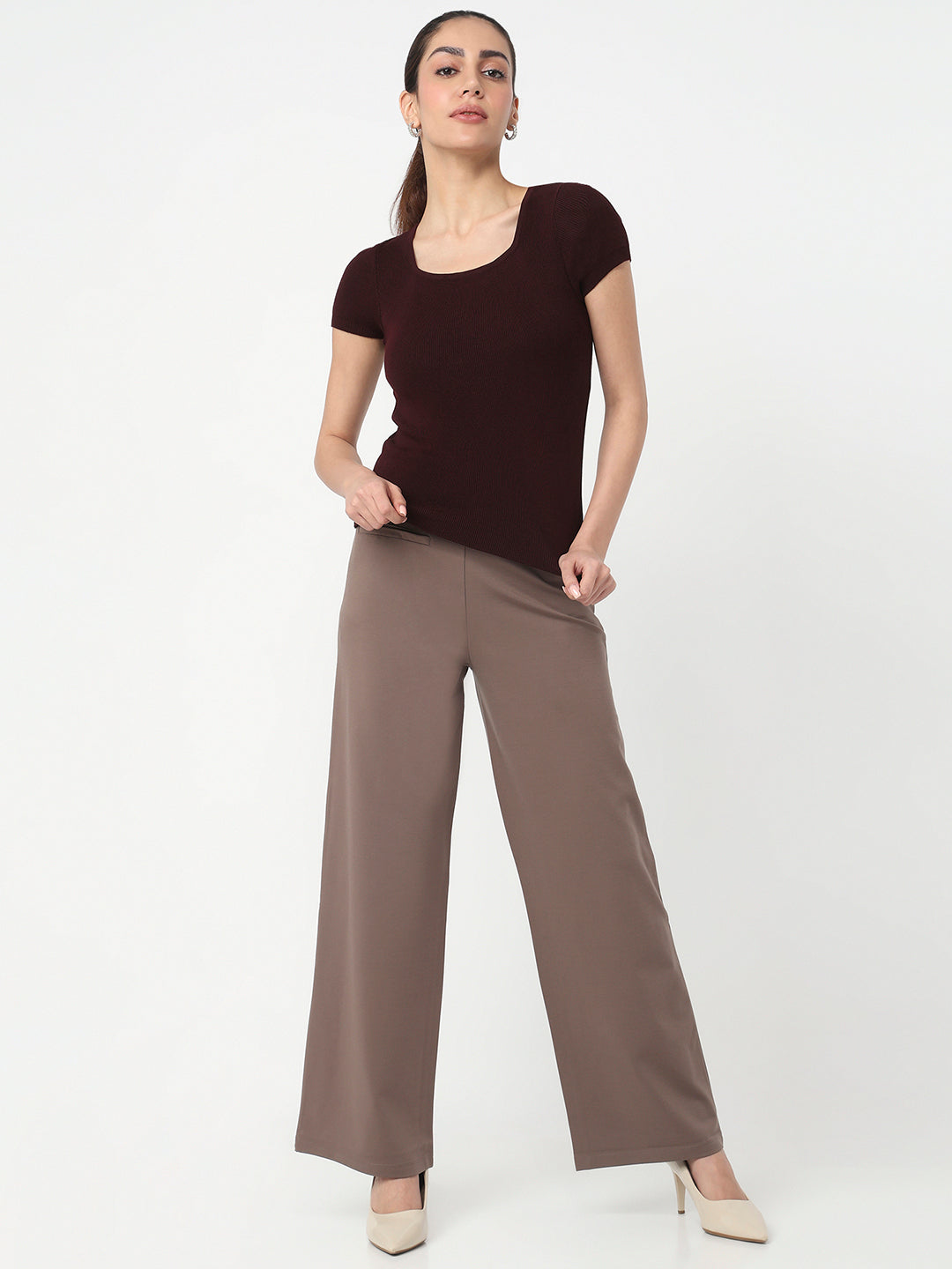 Women Wine Slim Flat Knit