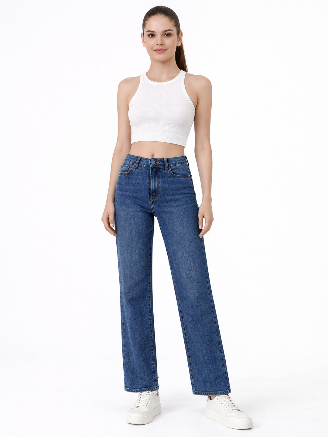 Women Dark Blue High-Rise Straight Fit Jeans
