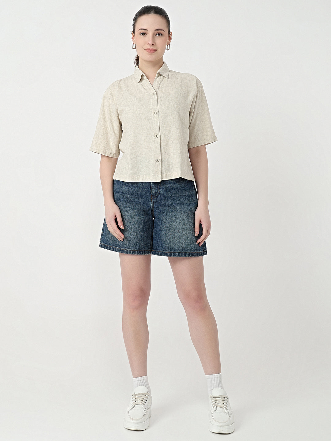 Women Light Natural Slim Fit Crop Shirt