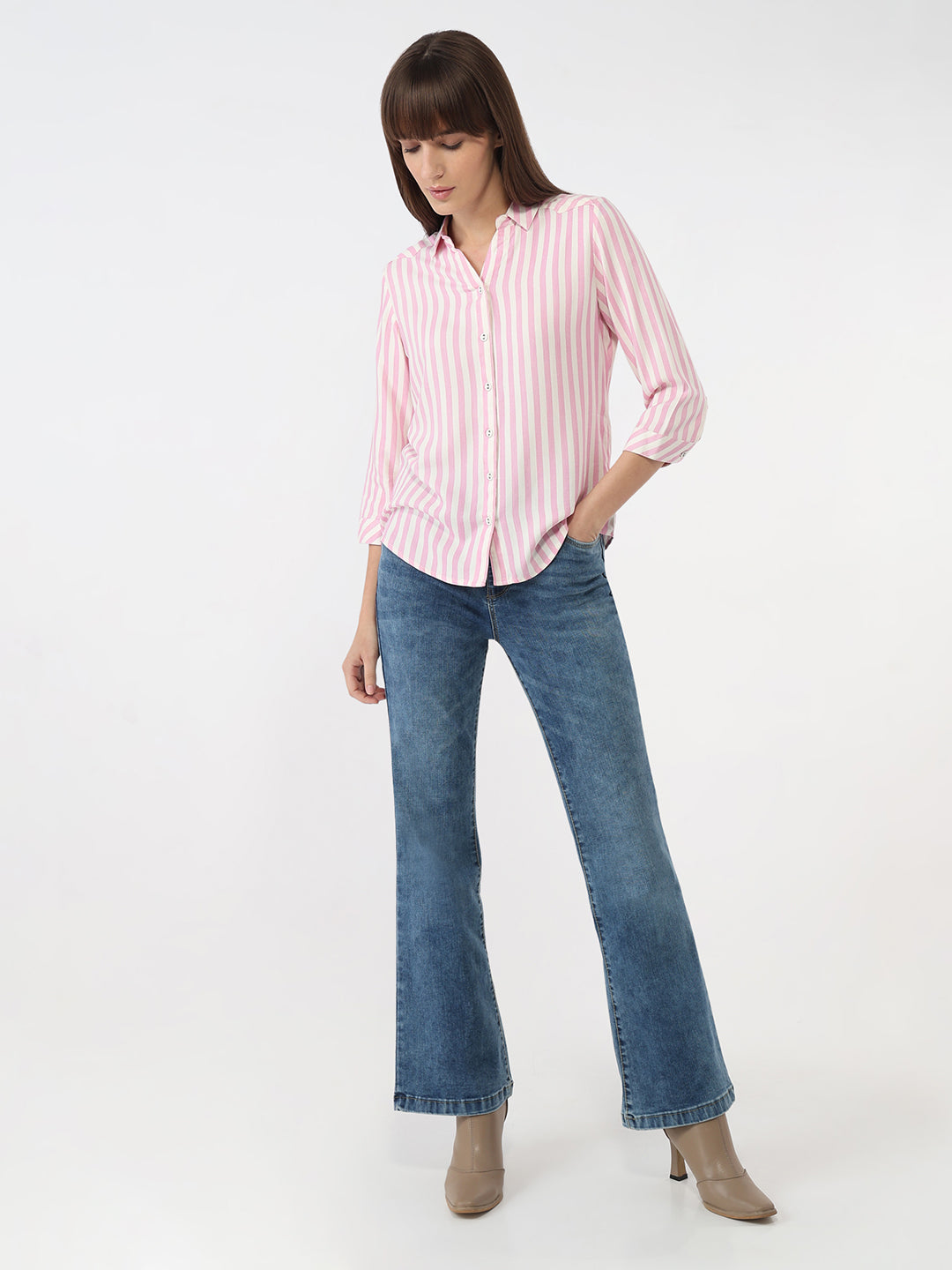 Women Pink/White Striped Slim Shirt