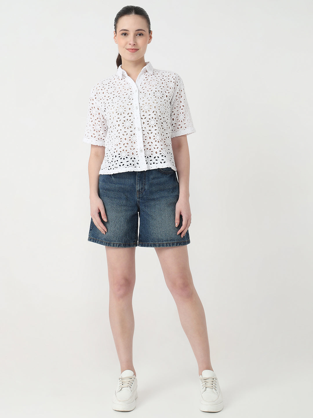 Women White Slim Fit Crop Shirt