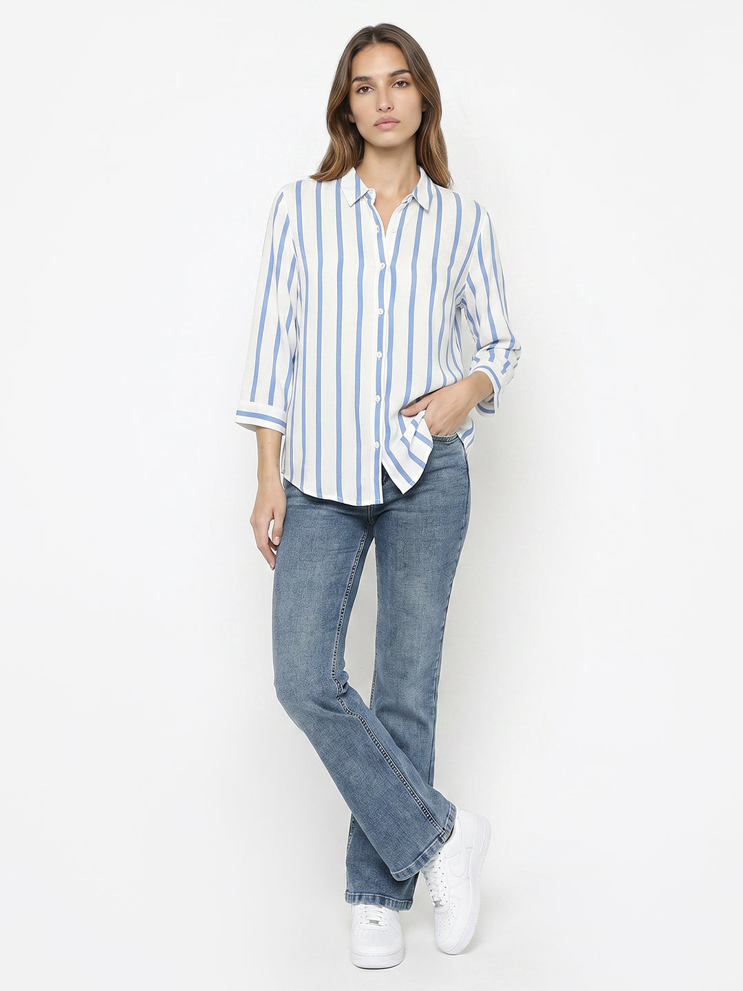 Women White/Blue Stripe Shirt