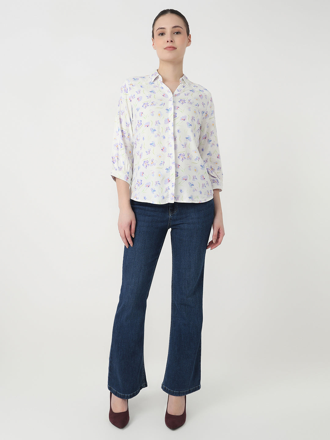 Women Blue Floral Slim Fit Shirt