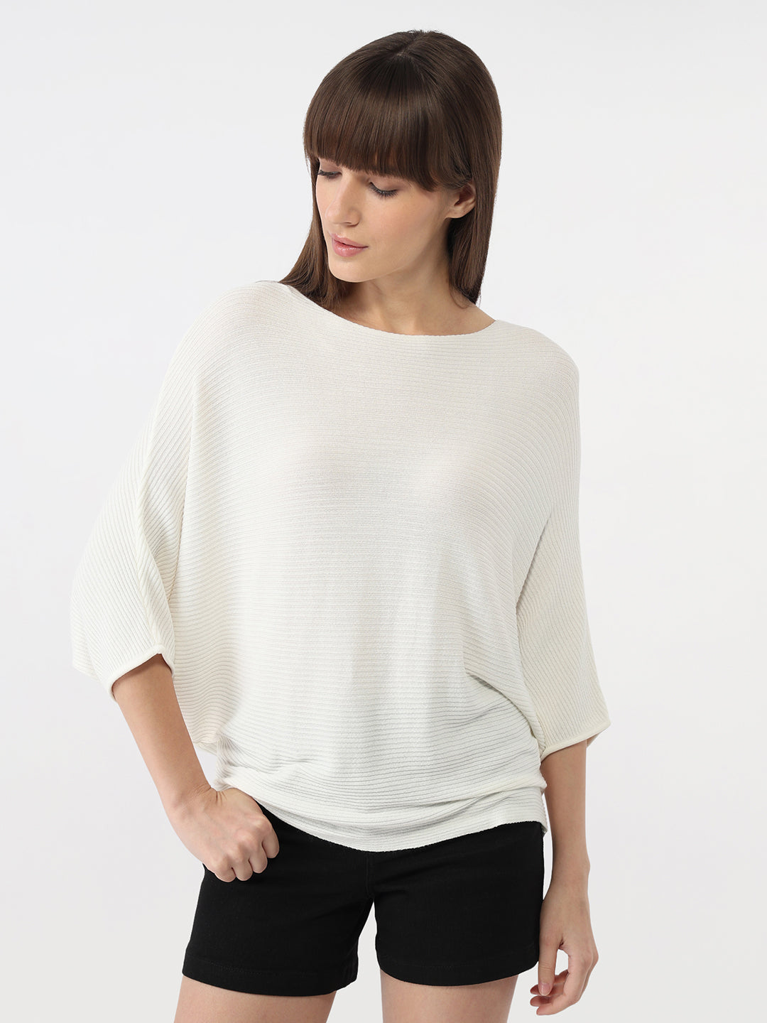 Women Off White Slim Batsleeve T-Shirt