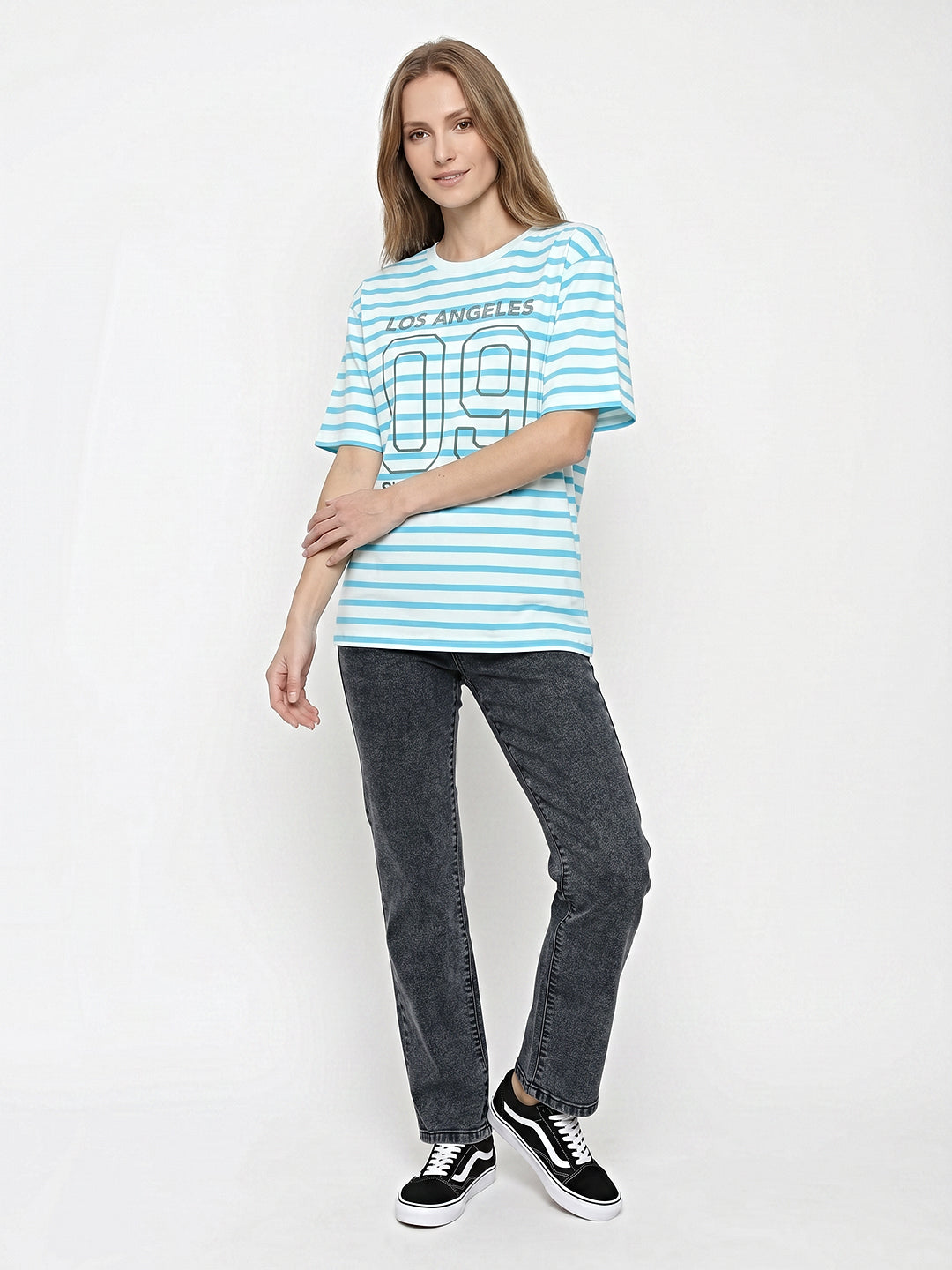 Women Sky/White Stripe Oversized T-Shirt