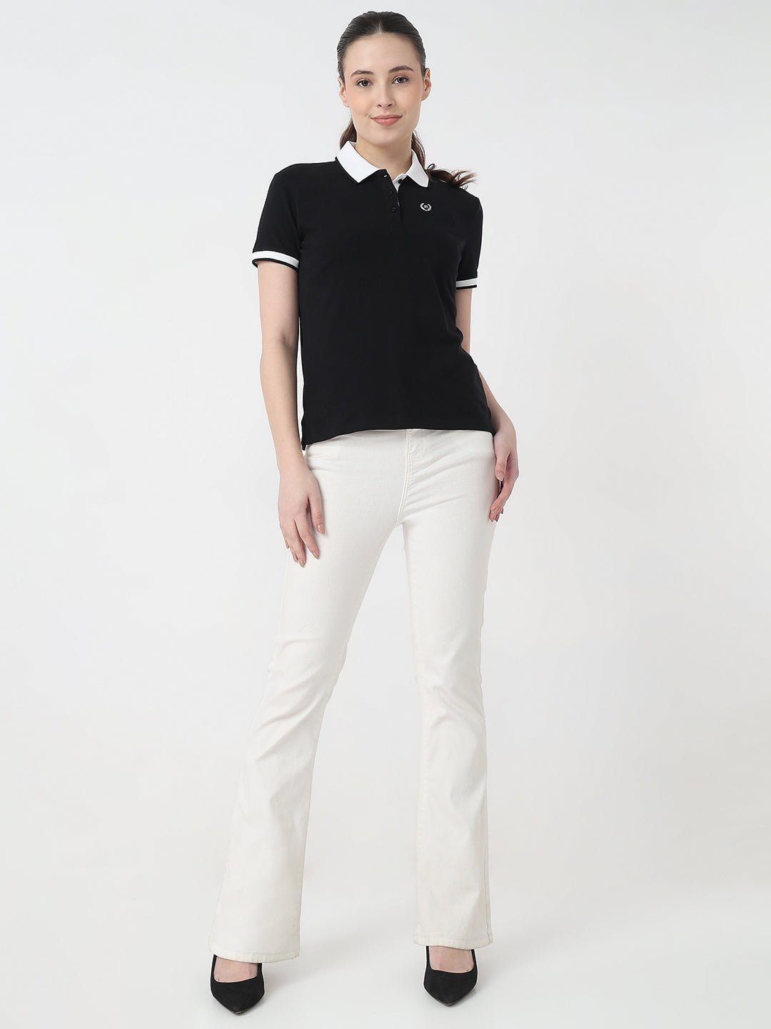 Women Black Slim Fit Polo T-Shirt