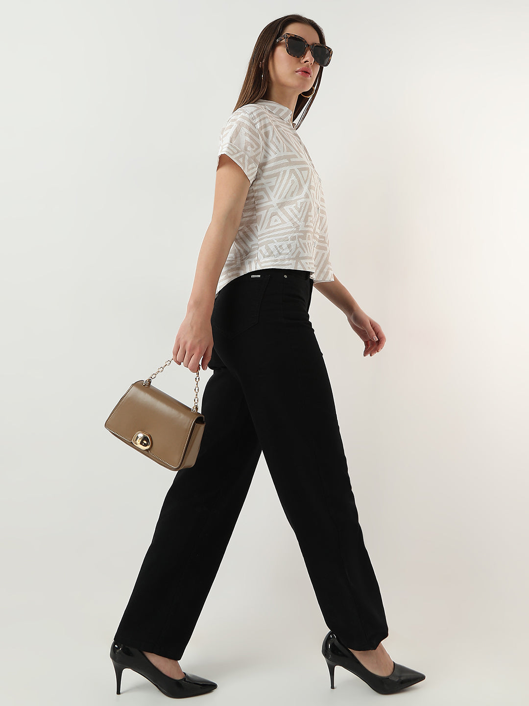 Women Beige/White Crop Shirt