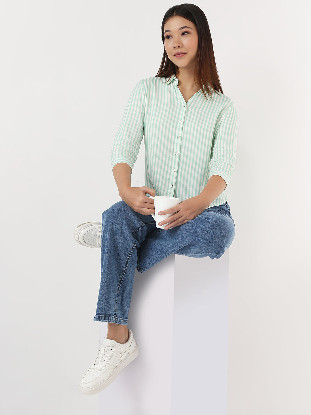 Women Mint & White Slim Stripe Shirt