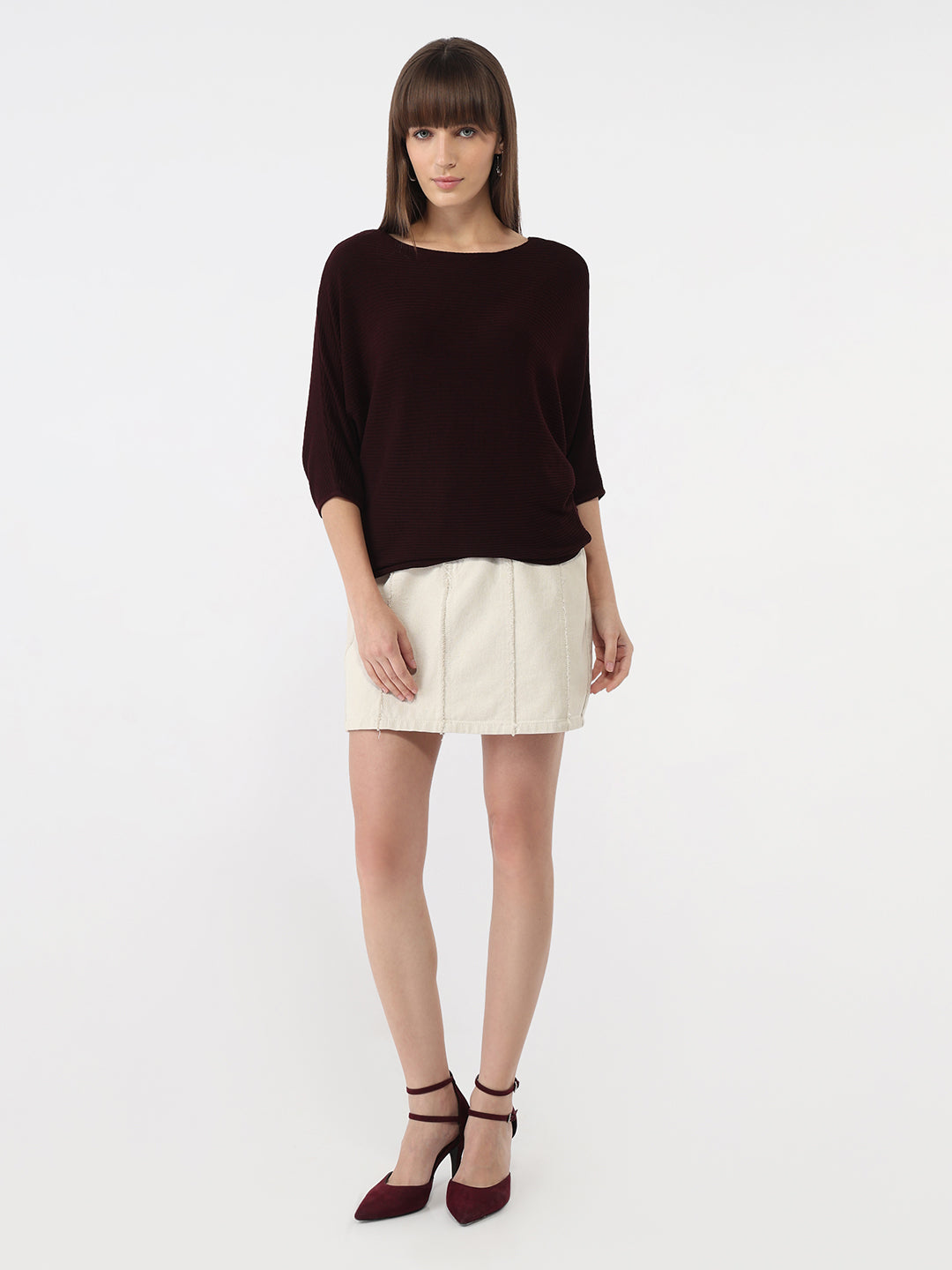 Women Wine Slim Batsleeve Top