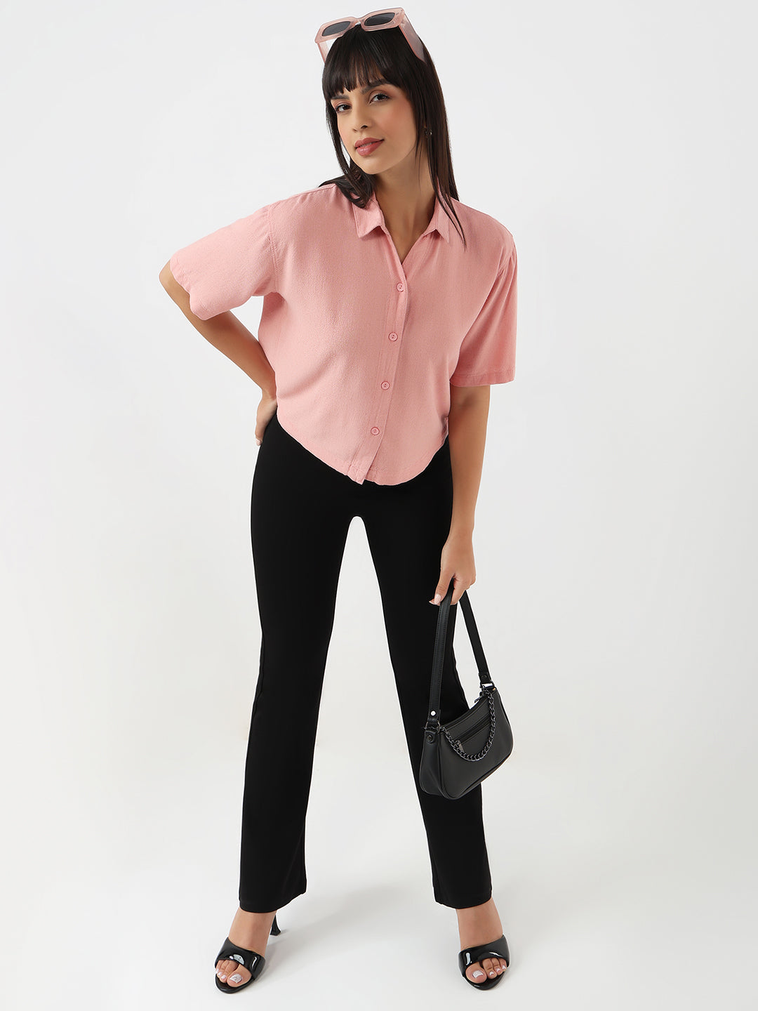 Women Blush Pink Slim Crop Shirt