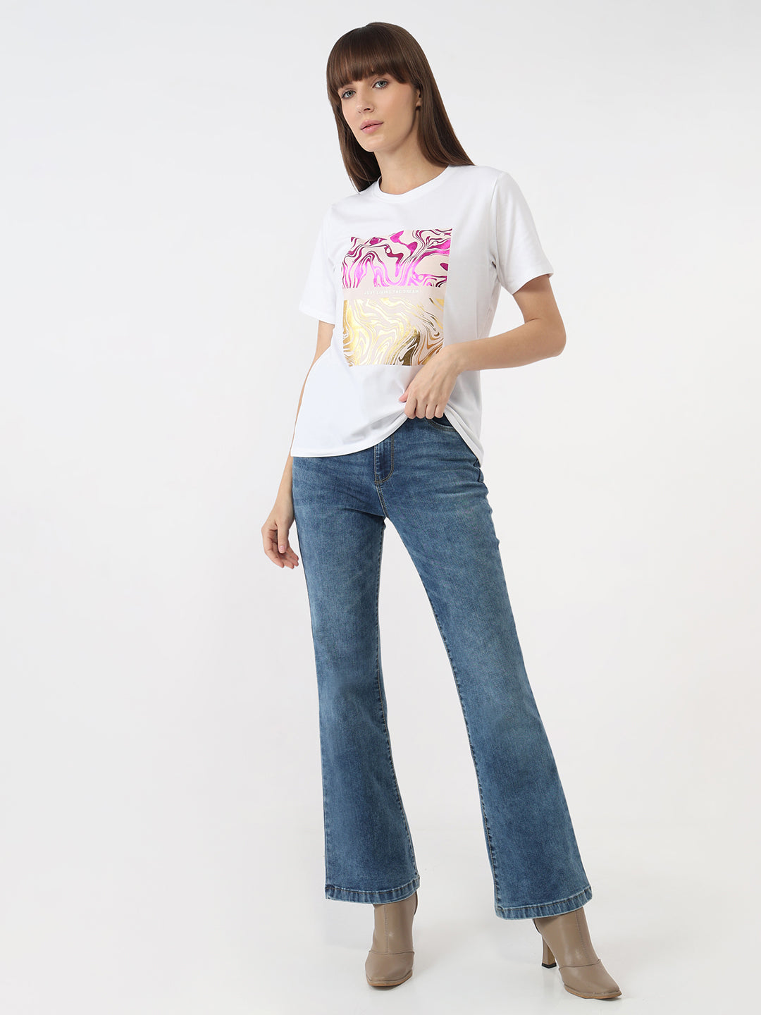 Women White Slim Graphic T-Shirt
