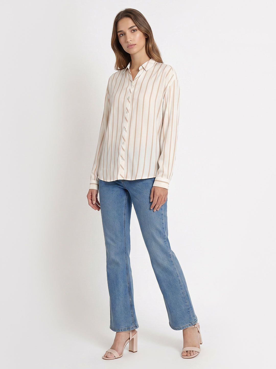 Women White/Beige Striped Shirt