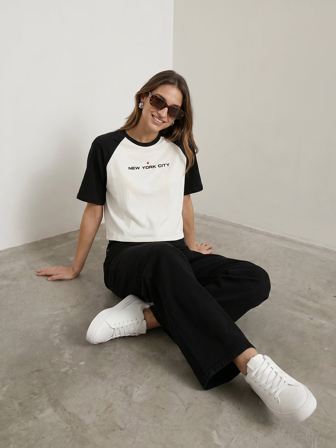 Women Ivory/Black Graphic Crop Tees
