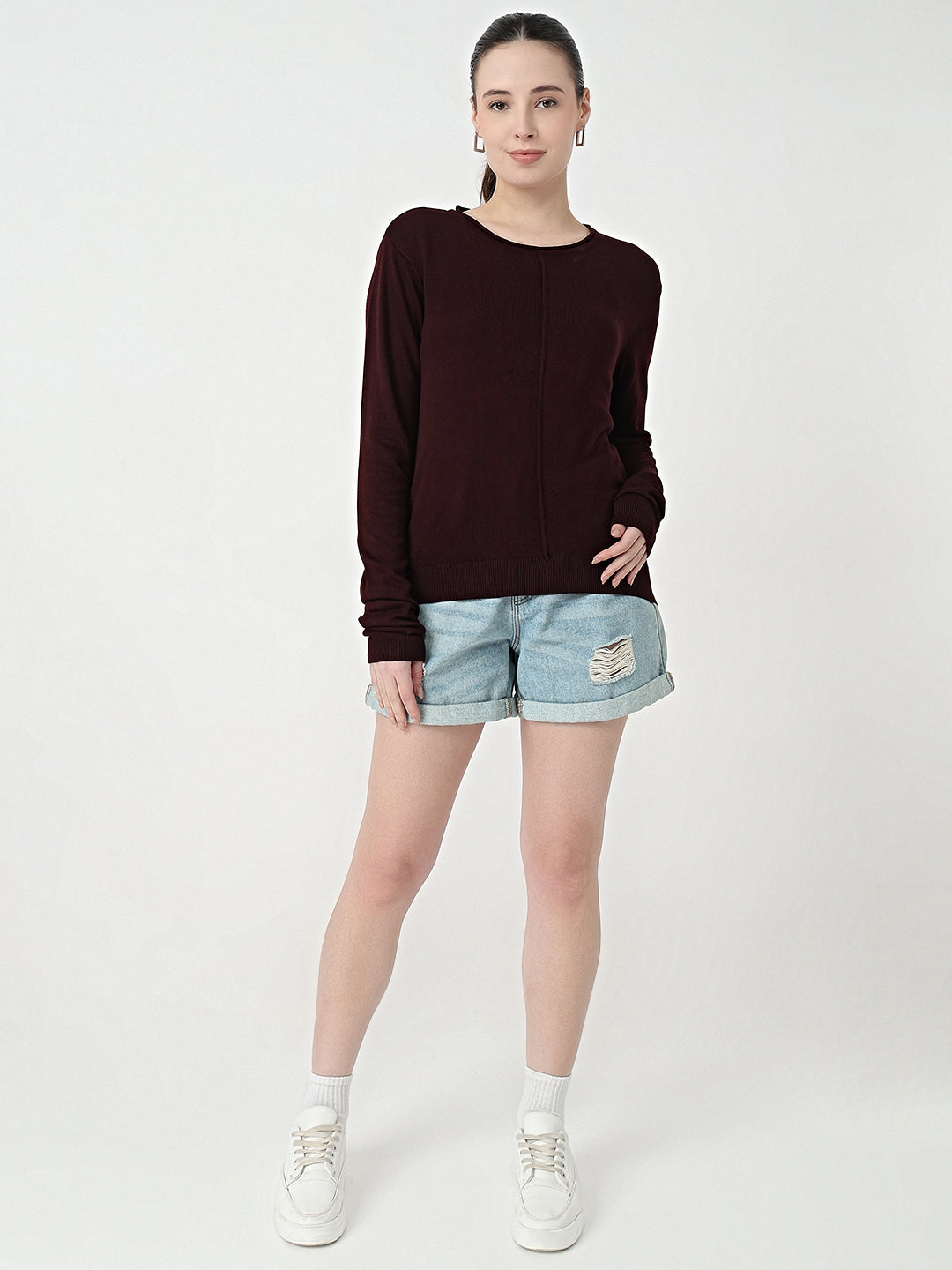 Women Wine Slim Fit Flat Knit