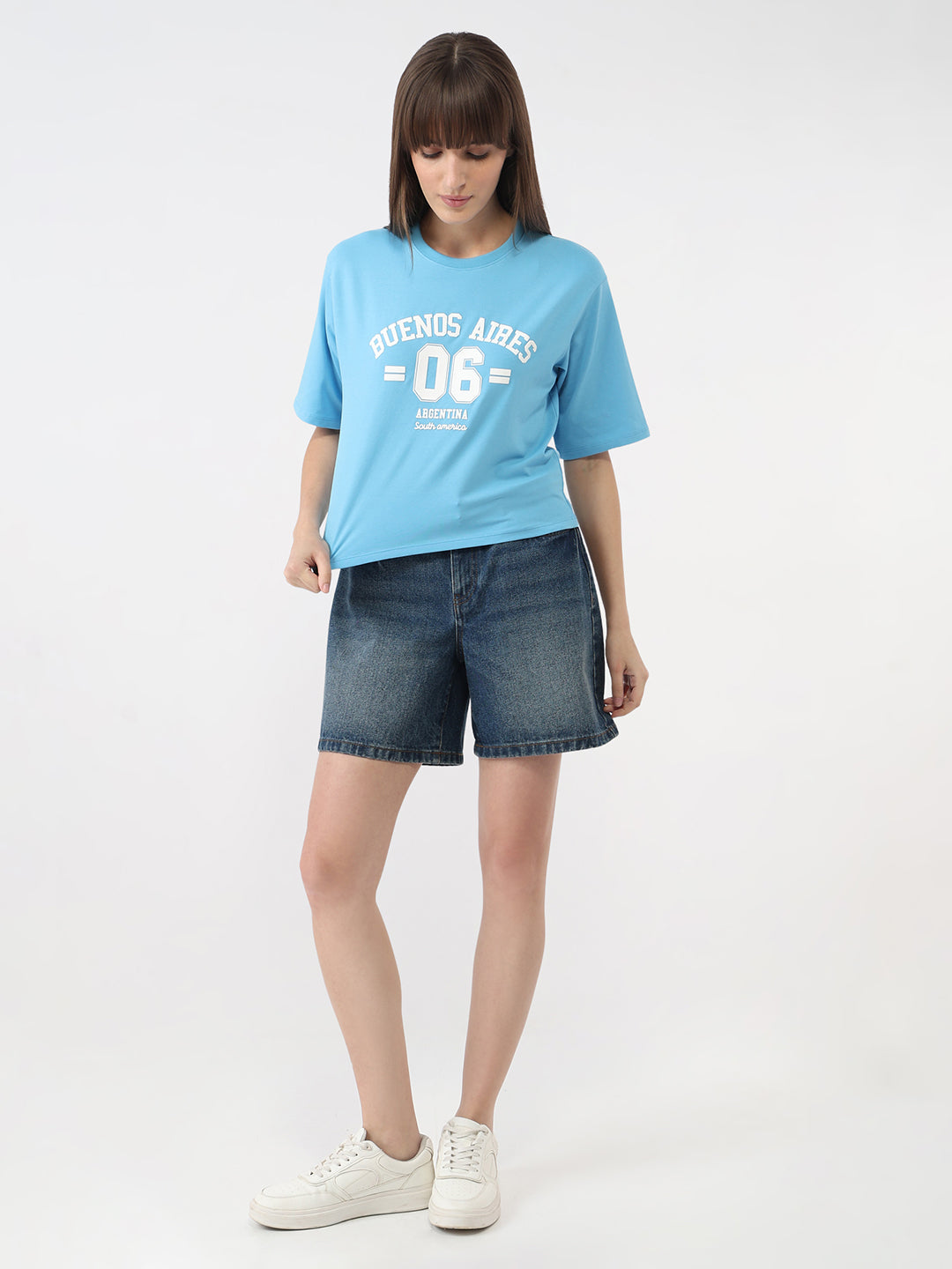 Women Sky Blue Graphic Crop T-Shirt