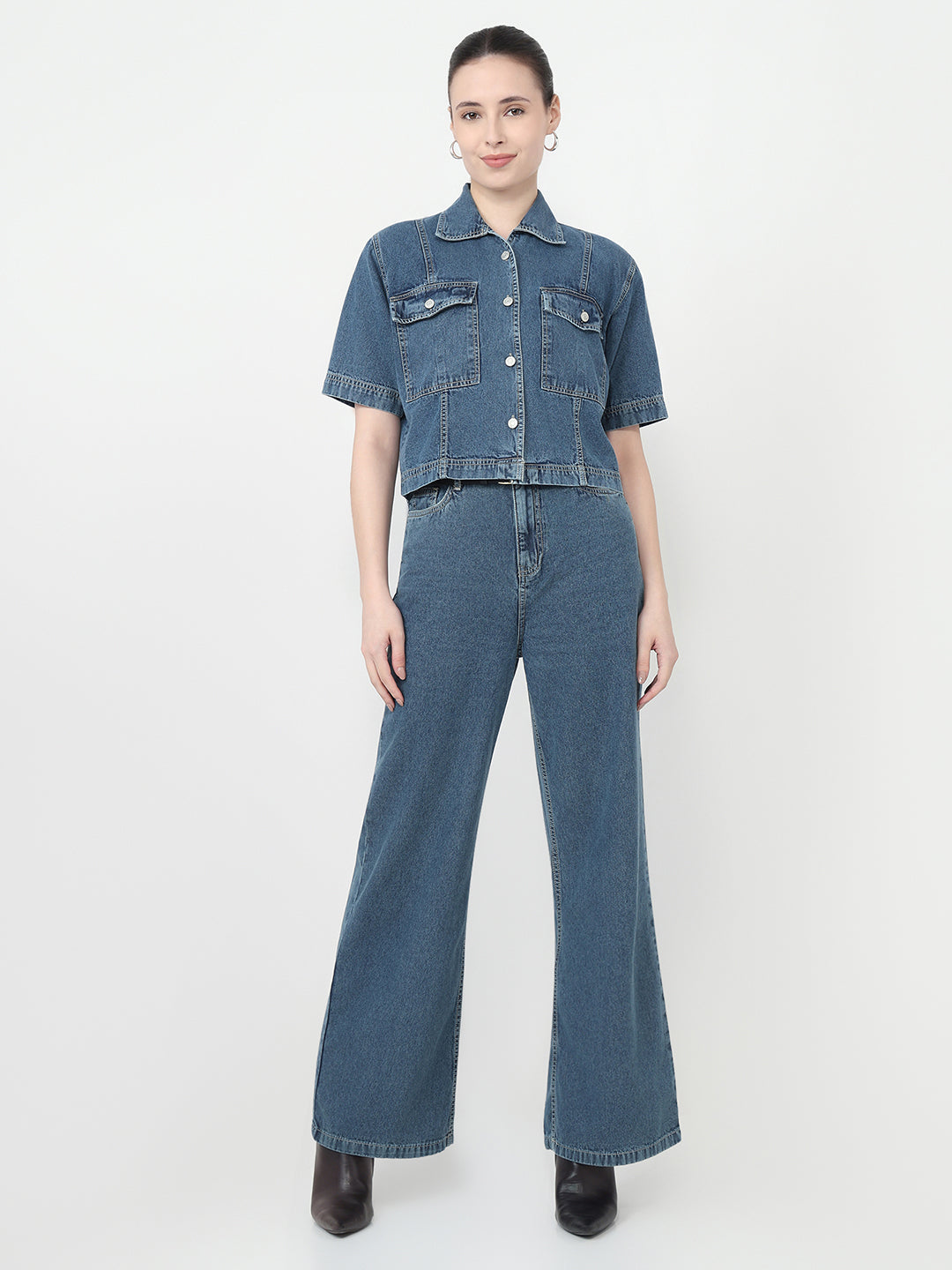 Women Blue Slim Fit Crop Shirt