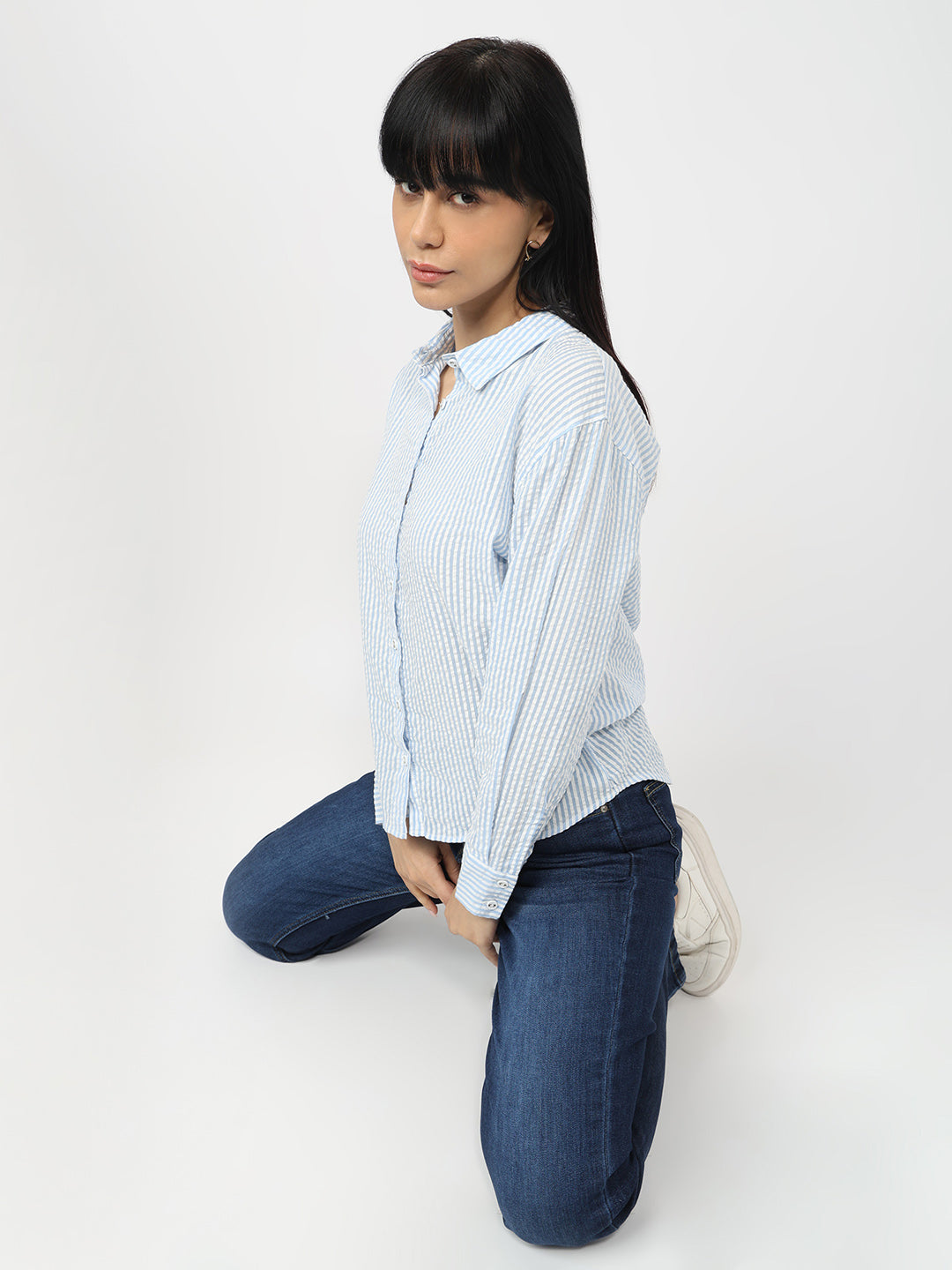 Women Sky/White Slim Fit Oversized Shirt