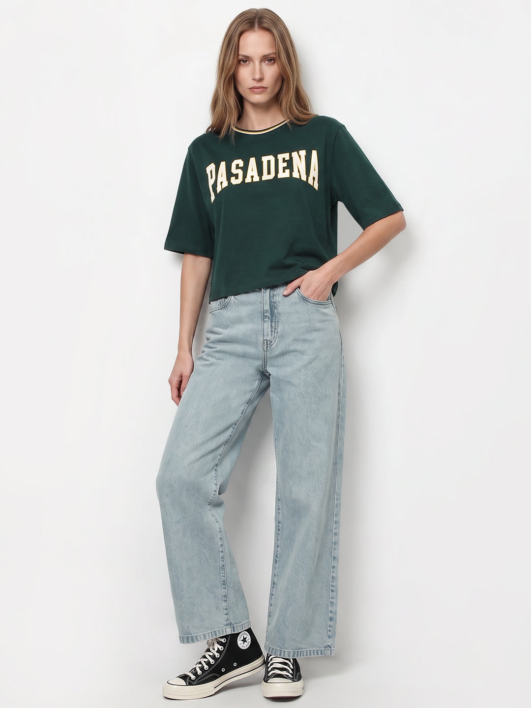 Women Bottle Green Graphic Crop Tees