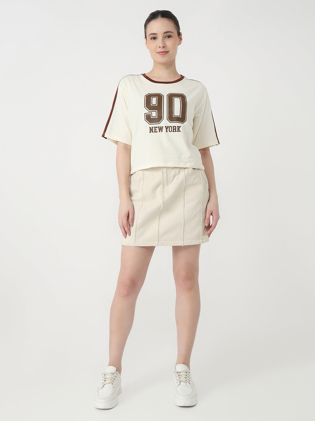 Women Ivory Slim Fit Graphic Crop T-Shirt
