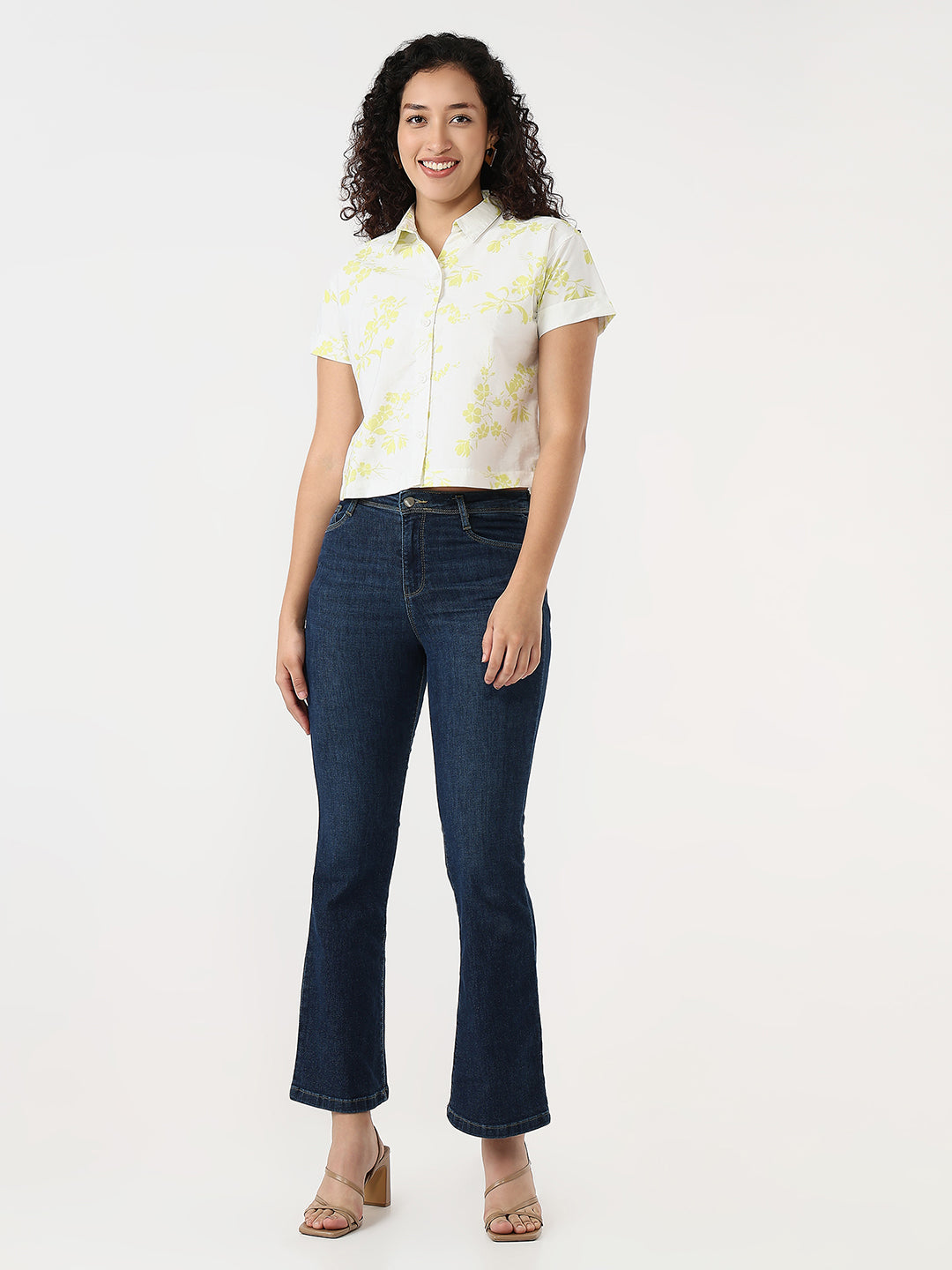 Women Lime/White Slim Crop Shirt