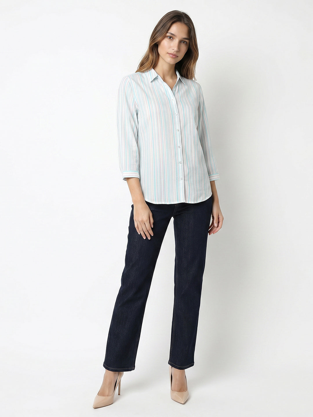 Women Aqua/Lavender Striped Shirt