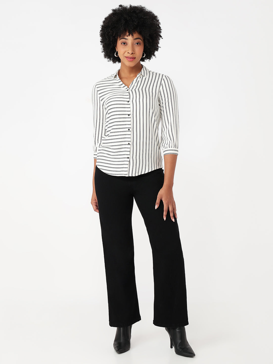 Women Black/White Slim Fit Stripe Shirt