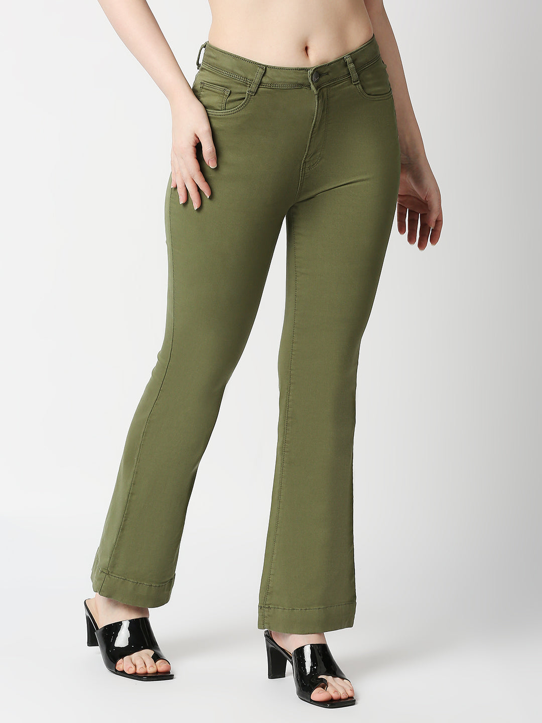 Women Olive High-Rise Flare Jeans