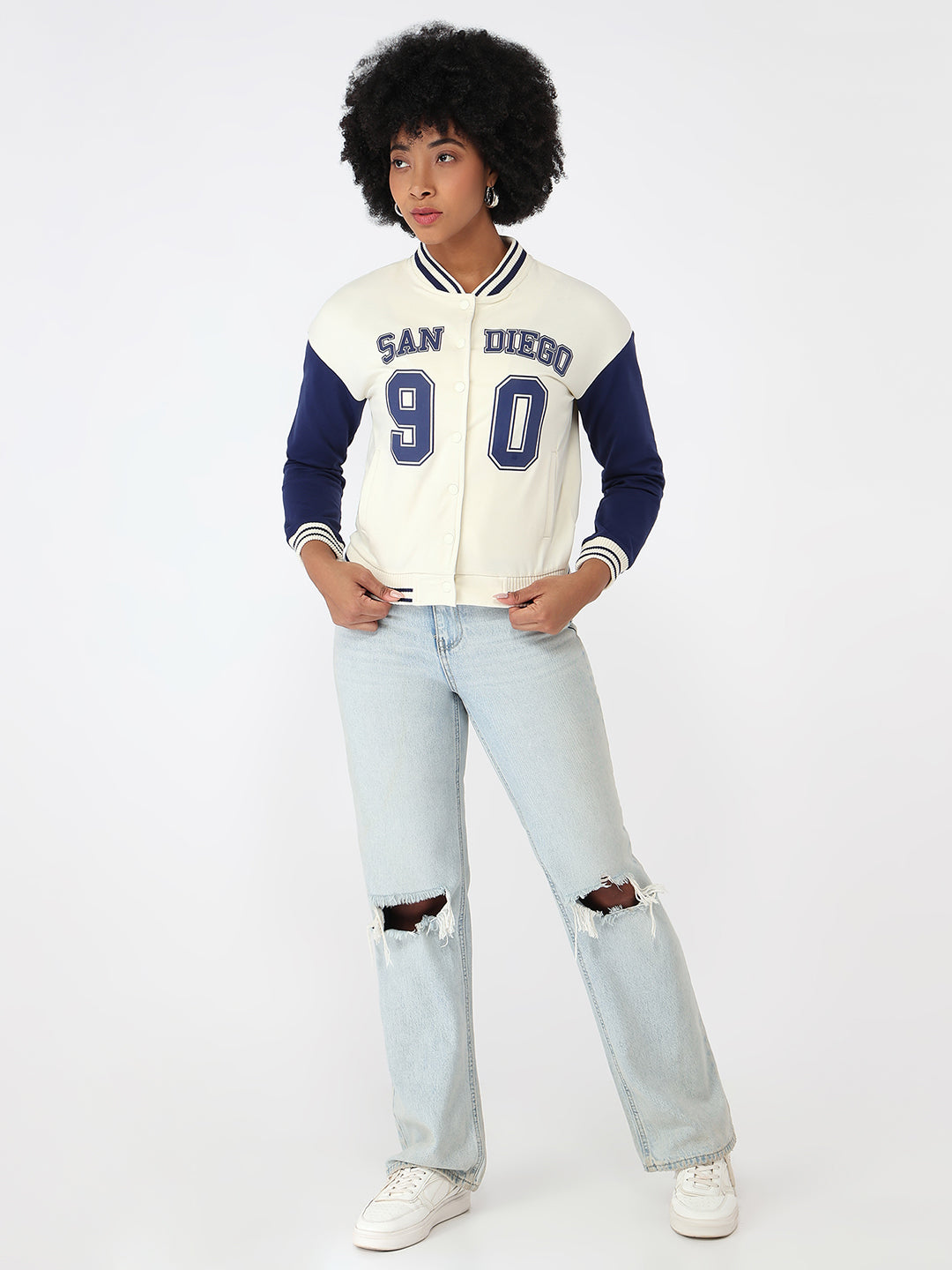 Women Ivory/Blue Slim Fit Varsity Jacket