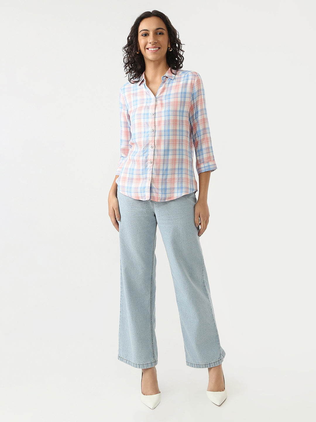 Women Peach/Blue Checks Shirt