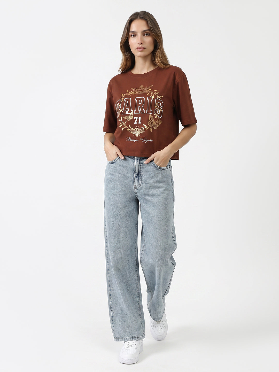 Women Sepia Graphic Print Crop Tees