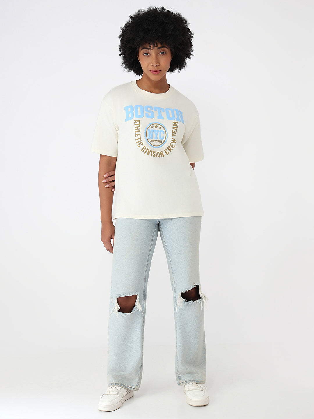 Women Ivory Slim Fit Oversized T-Shirt