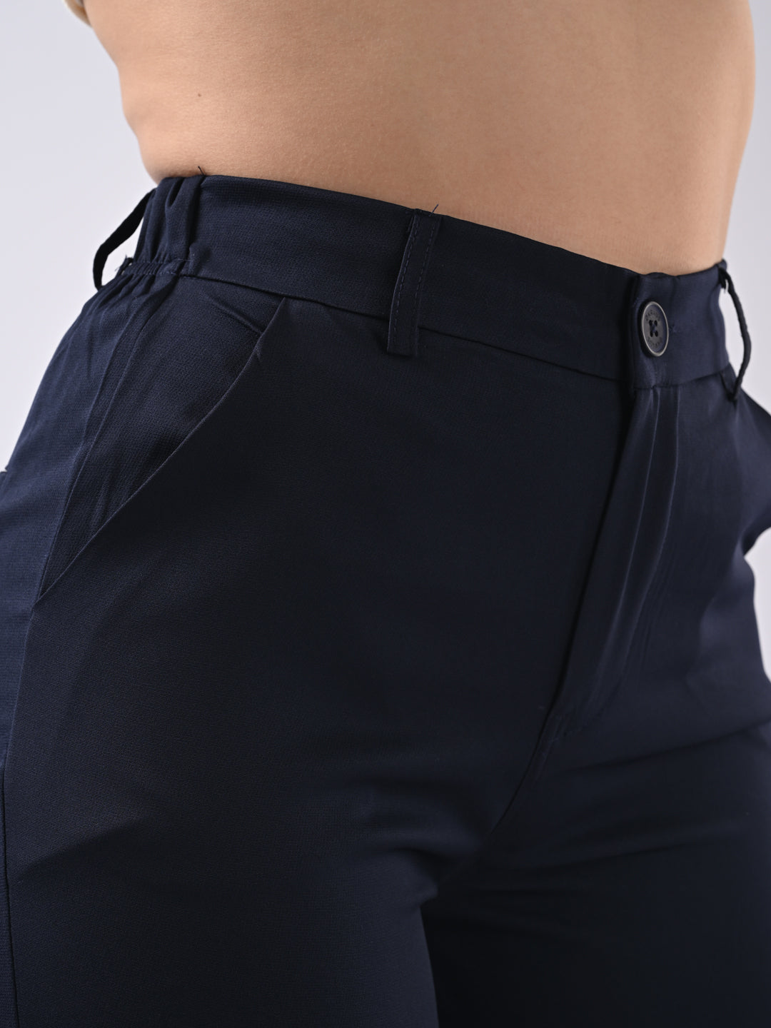 Women Navy Mid-Rise Wide Leg Trousers