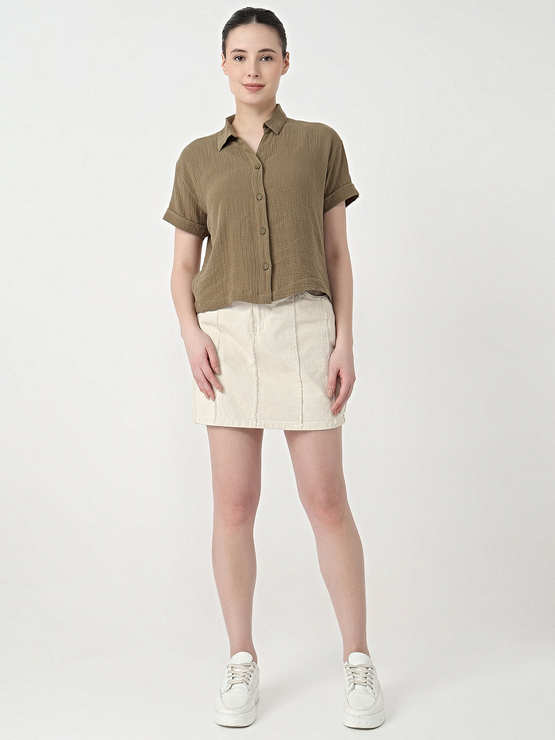 Women Olive Slim Fit Crop Shirt