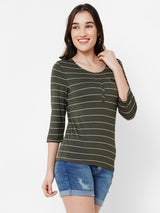 Women Olive Striped Three-Quarter Sleeves T-Shirts